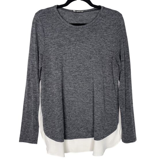 LOFT Medium Mixed Media Long Sleeve Top Heather Gray Cream Crew Neck Side Split - Picture 1 of 8